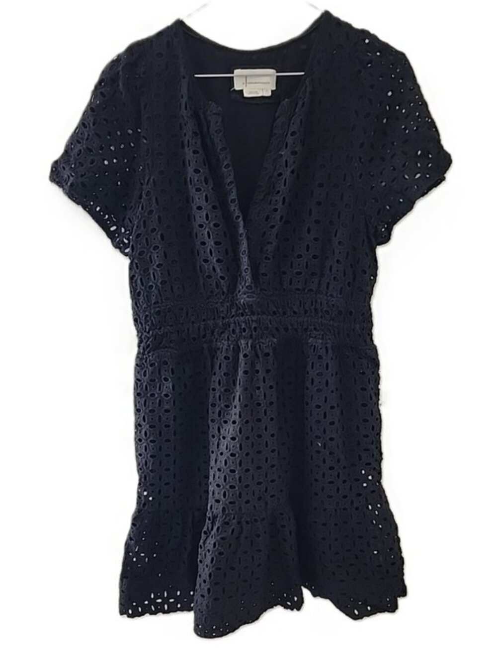 Anthropologie The Somerset Black Eyelet Mini-Dress V-Neck Tiered Lined Sz Large